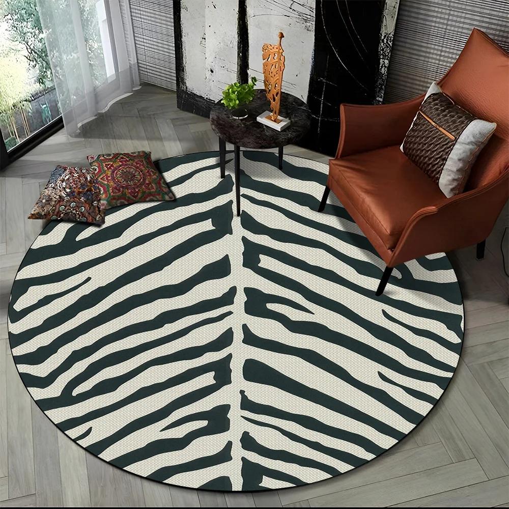 3D Barevný Pruhovaný Vzor Zebra Kulatý Koberec pro Obývací Pokoj, Ložnici, Dětský Herní Koutek Dekor, Protiskluzová Podložka do Zóny pro Domácí Mazlíčky