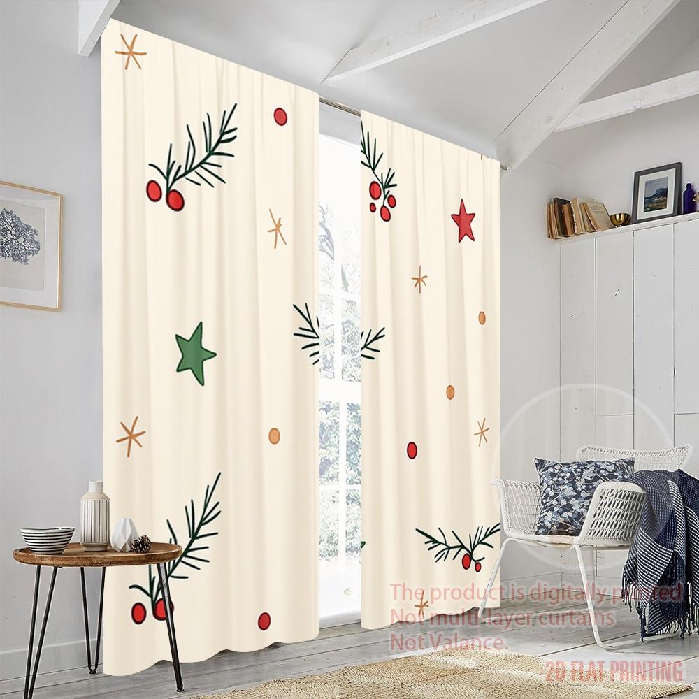 2 szt., druk płaski 2D Zasłony filtrujące światło Gałązka z jagodami bożonarodzeniowymi Gwiazda Wszechstronna tkanina poliestrowa (bez pręta) Dekoracje