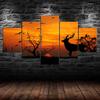 Deer Sunset Silhouette 5 Piece Five Panel Wall Canvas Print Modern Art Poster Picture Home Decor Gift For Him For Her