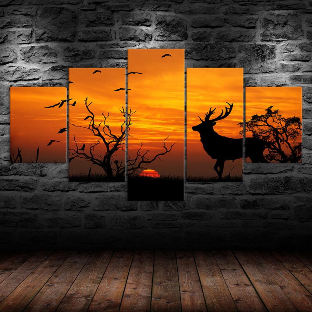 Deer Sunset Silhouette 5 Piece Five Panel Wall Canvas Print Modern Art Poster Picture Home Decor Gift For Him For Her