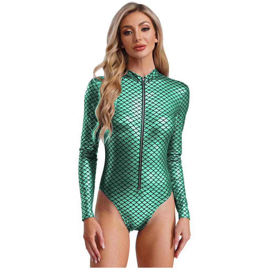 Damen Meerjungfrauenschuppen Einteiliger Badeanzug Langarm Mock Neck Leotard für Poolparty Strandoutfit