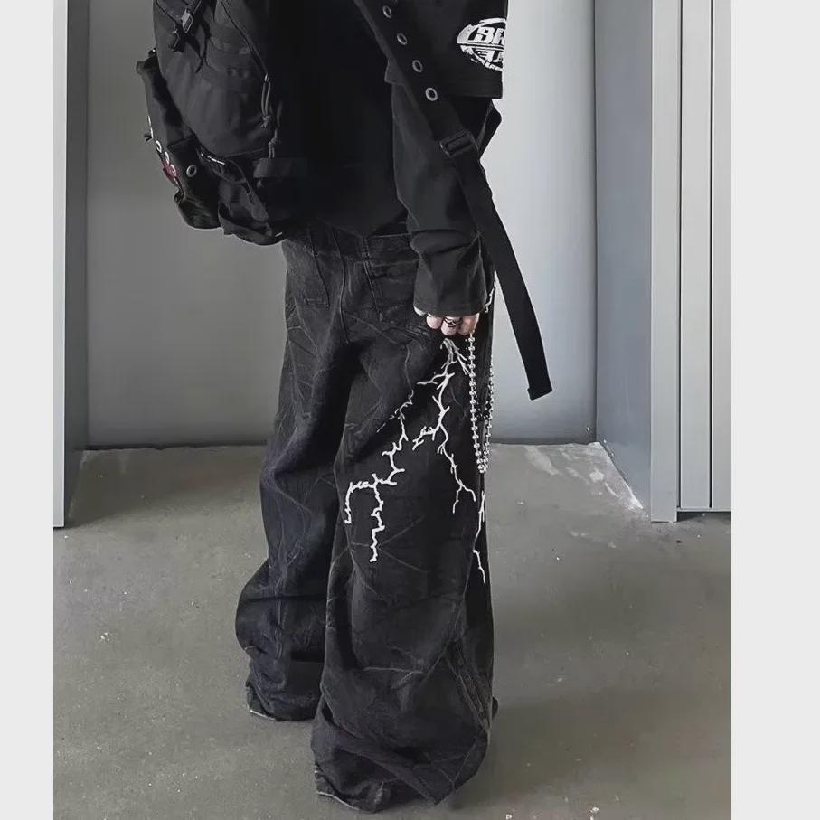Unisex Washed Retro Lightning Embroidered Jeans - Loose Straight Hip Hop Style