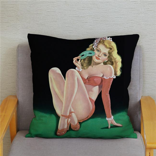 Vintage European Sexy Women Polyester Cushion Cover Sexy Lady Pattern Pillow Cover Decorative For Car Sofa Home 45X45Cm