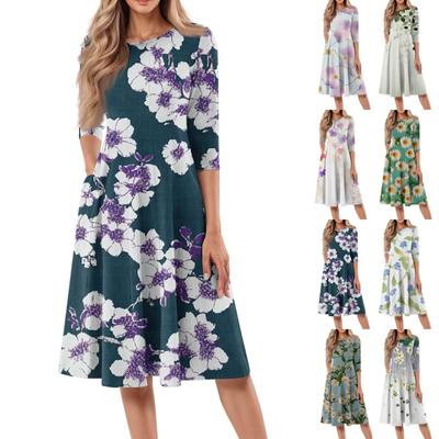 Kadın Günlük Moda Yuvarlak Yaka Üç Çeyrek Kollu Çiçek Desenli Midi Elbise