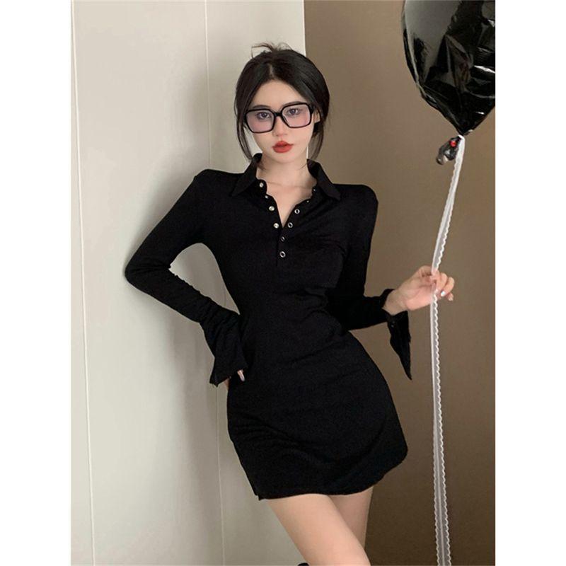 Spice girl style polo collar long-sleeved dress women's spring new slim and thin temperament sexy inner hip skirt