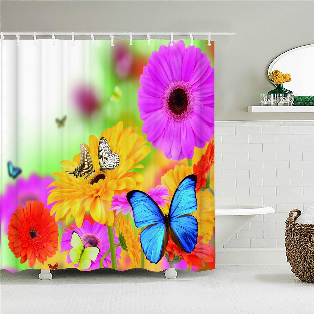 Colorful Beautiful Fresh Flowers Shower Curtain Bathroom Waterproof Polyester Butterfly 3D Print Curtains for Bathroom Shower