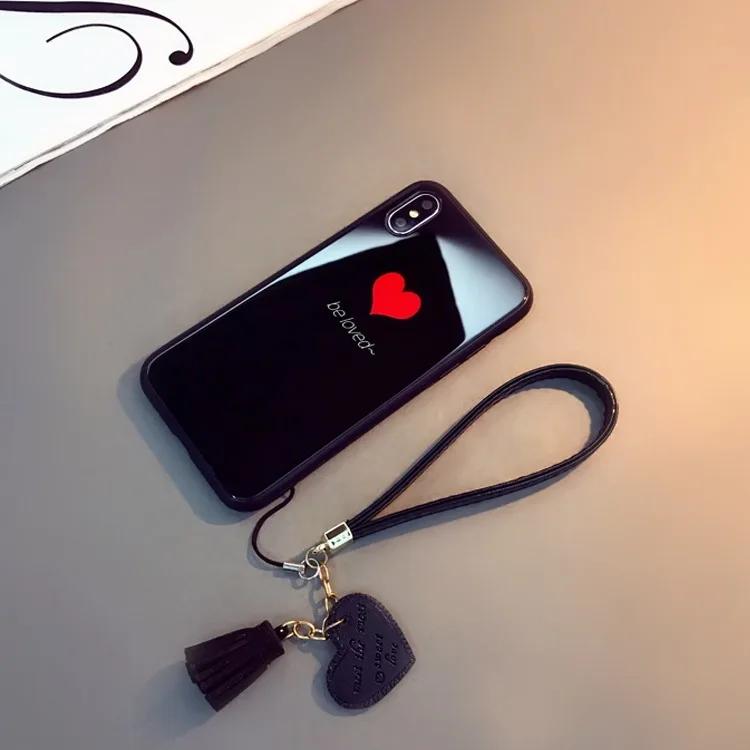 For Xiaomi Redmi Note 9 Pro Max 8 Pro Case Tempered Glass Love Heart Back Cover Tassel Lanyard For Redmi Note 13 Pro Plus 12 Pro