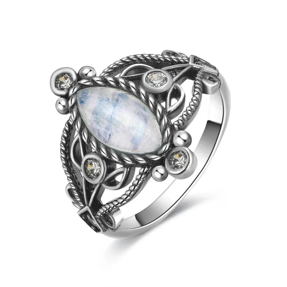 Vintage 925 Silver Ring Natural Moonstone Flower Ring 925 Hollow Eye Shape Round Sun And Moon Ring Fine Jewelry for Women Men