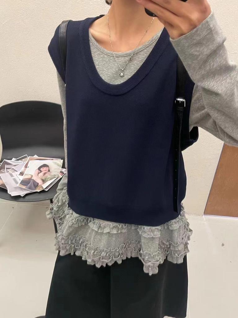 DA7 Women's Loose Plus Size Layered Knit U-Neck Vest - Spring Korean Casual Style