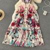 Summer Sweet Ethnic Style Retro Deep V-neck Wooden Ear Edge Sleeveless Printed Dress Women Cake Fairy Long Dress