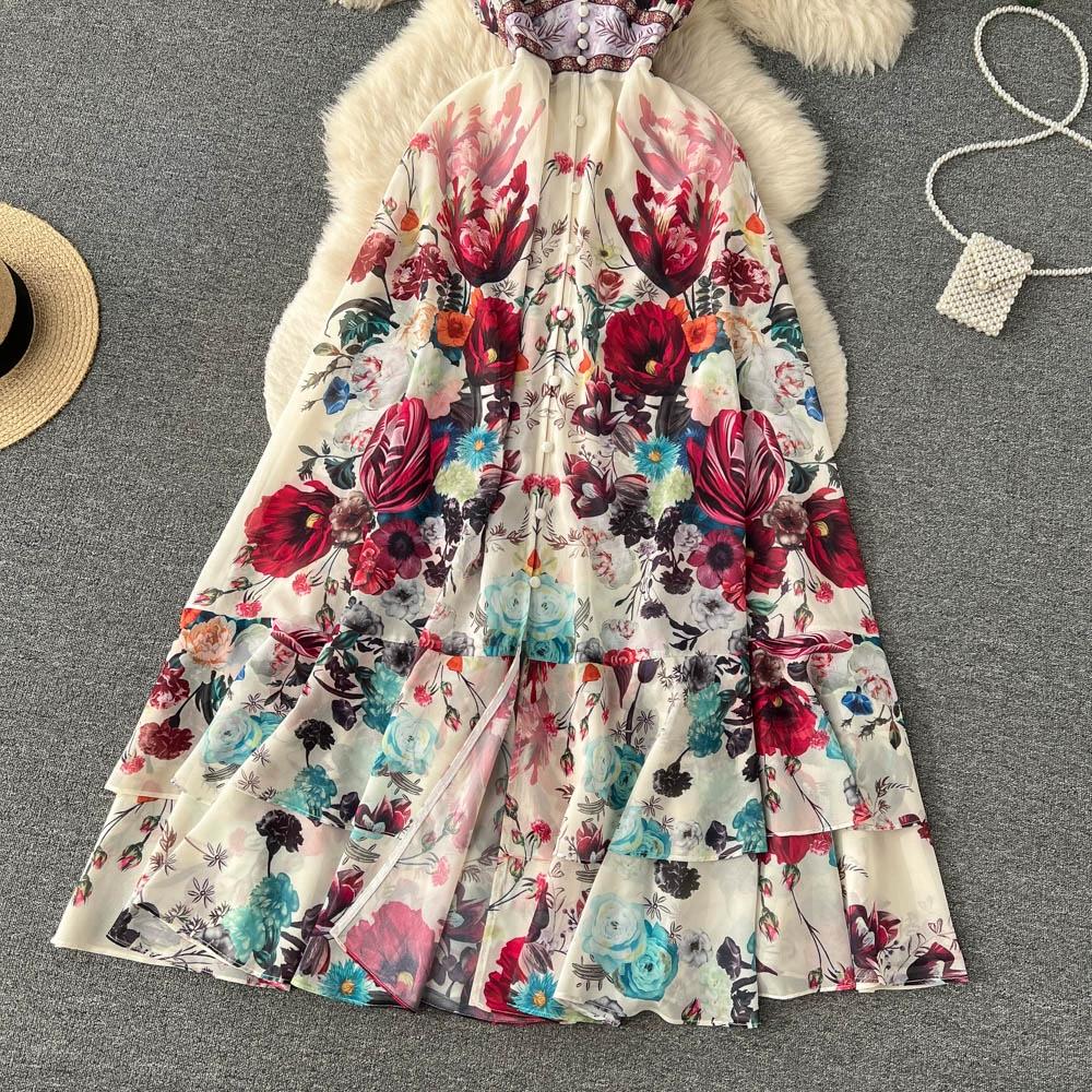 Summer Sweet Ethnic Style Retro Deep V-neck Wooden Ear Edge Sleeveless Printed Dress Women Cake Fairy Long Dress