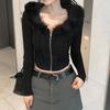 European and American Casual Fur Collar Zipper Knit Cardigan Sweater for Women