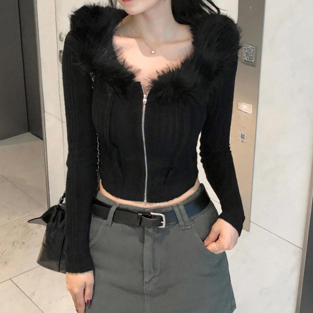 European and American Casual Fur Collar Zipper Knit Cardigan Sweater for Women