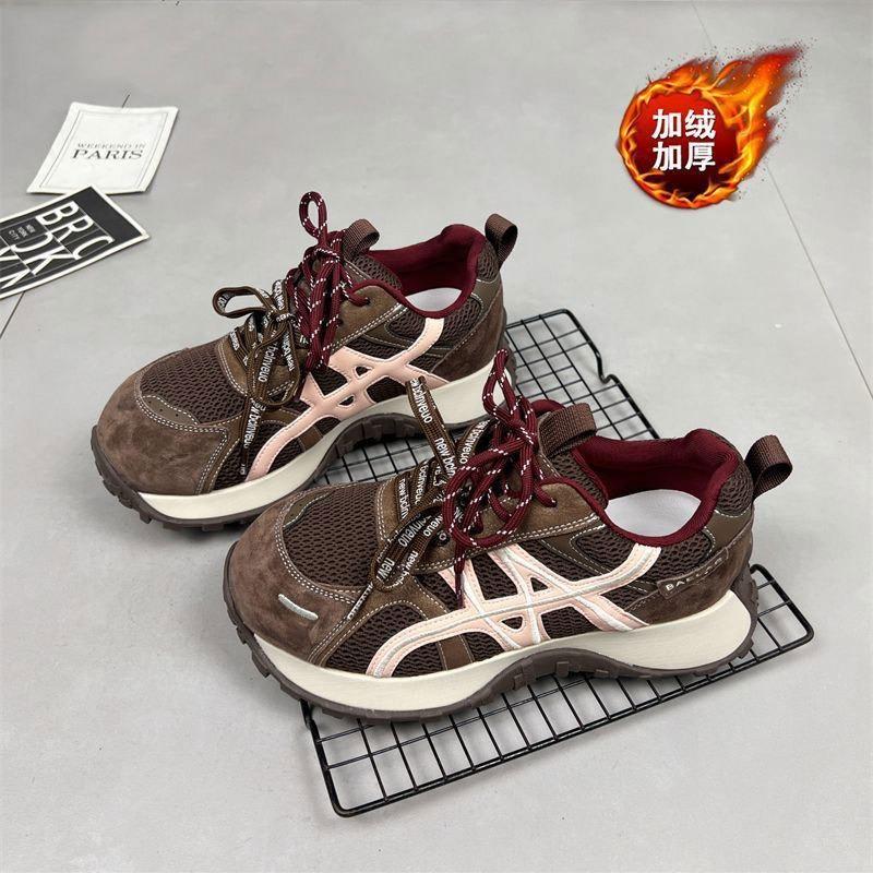 Leather casual women's velvet autumn and winter thick-soled feet small dad shoes small waist running shoes women's shoes