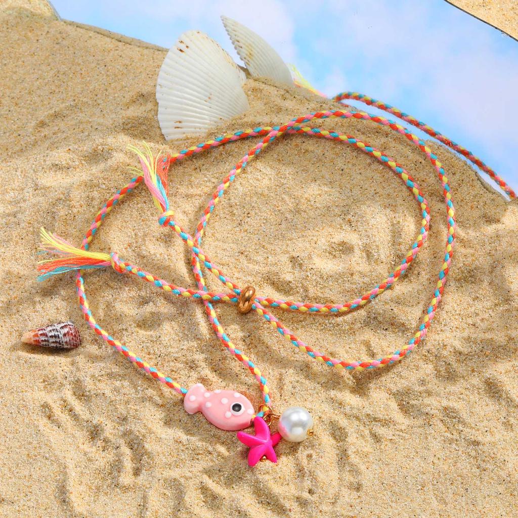 Colorful Boho Ceramic Fish Pendant Necklace for Women, Adjustable Woven Rope Choker Beaded Necklace, Summer Beach Party Jewelry