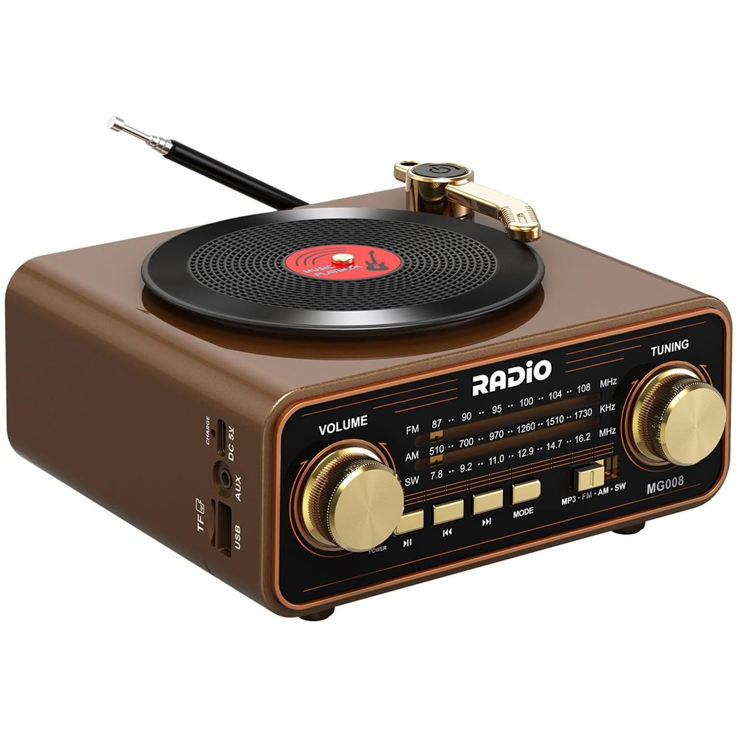 

Portable FM/AM/SW Radio Retro Vinyl Player Style Wireless Bluetooth Speaker Streaming Unique Vintage Decor for Home Gift Idea коричневий