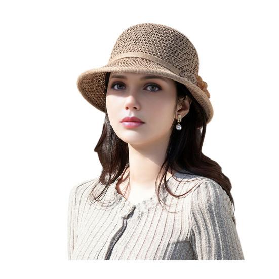 Women Basin Hat Flower Bow Decor Wide Brim Summer Bucket Hat Face-Slimming Outdoor Travel Beach Hat Headwear