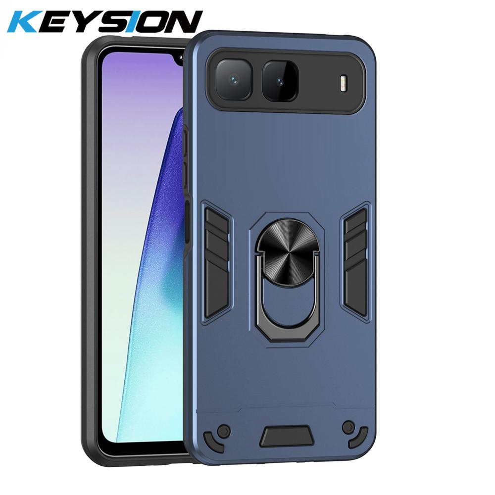 KEYSION Shockproof Armor Case for Infinix Hot 60i 5G Soft Silicone+PC Metal Ring Stand Phone Back Cover for Infinix Hot 60i 5G