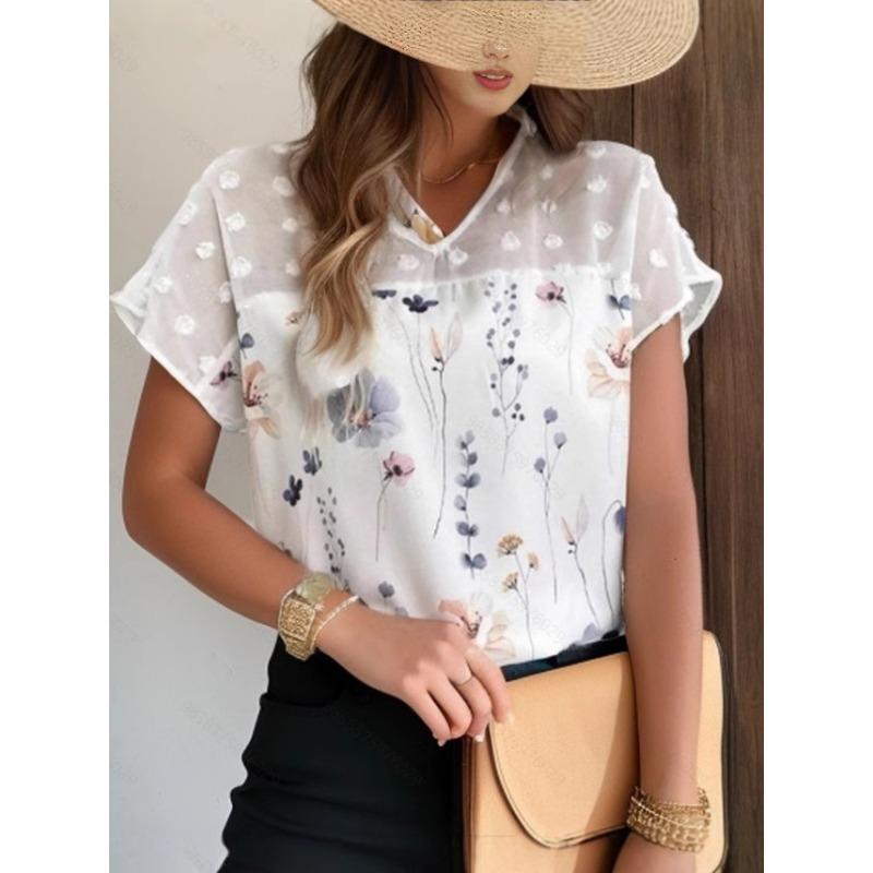 

TIFICY Women s Fashion Casual Summer Spring Flower Pattern Print Short Sleeve V-Neck Blouses & Shirts S белый