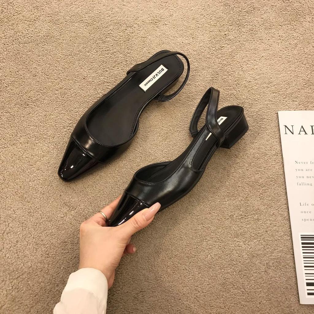 Low-heeled bag head sandals women's French gentle evening nude pointed head small fragrant style lady thick heel empty temperament single shoes