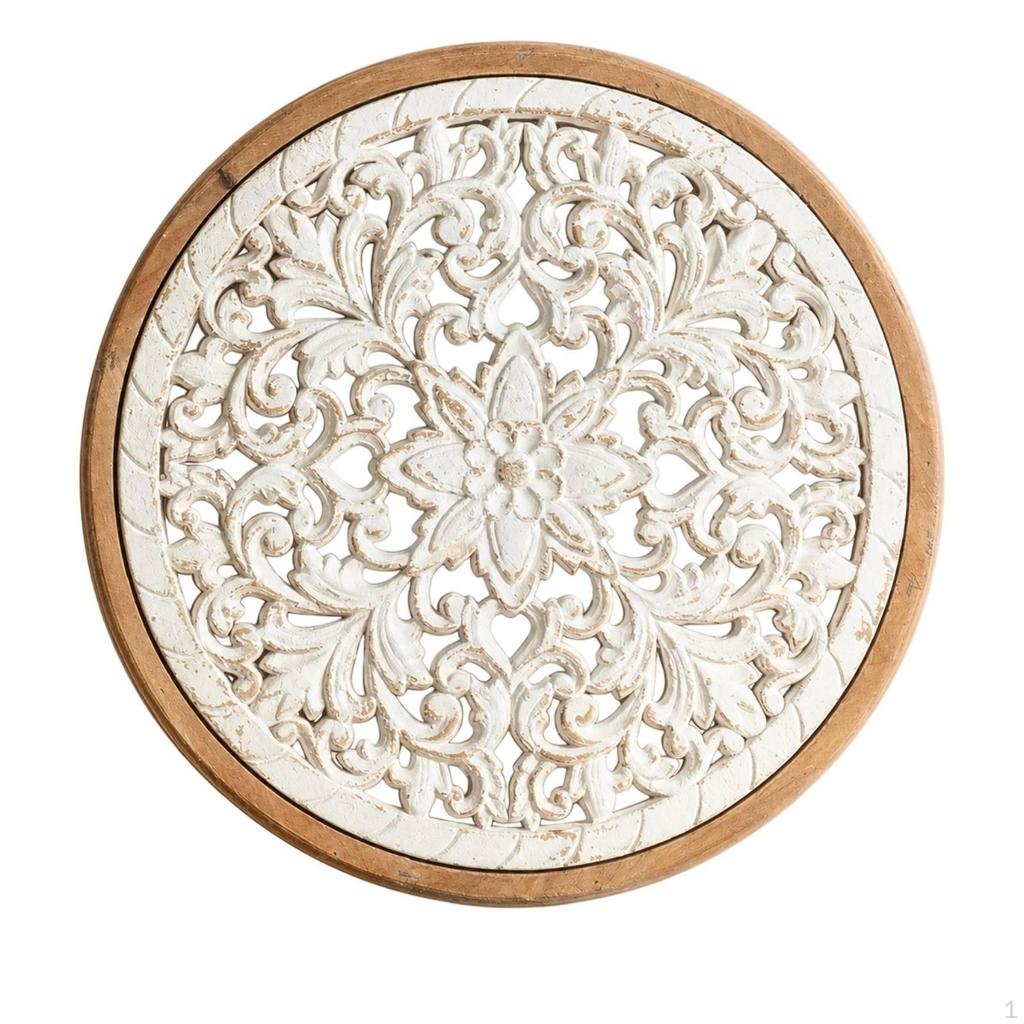 Carved Wall Medallion Openwork Panel with Scrollwork Wooden Decorative Plaque for Living Room,