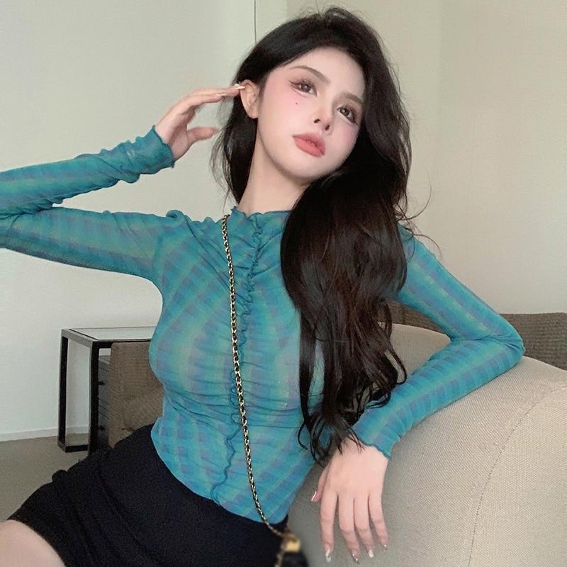 Women's Top Long Sleeve Slightly Transparent Half Turtleneck