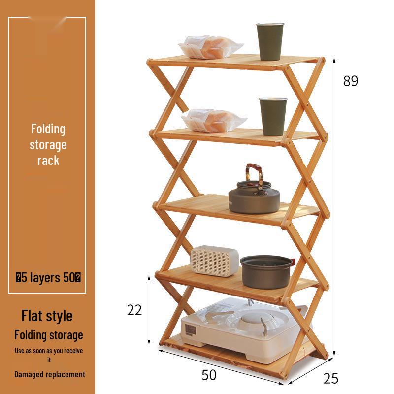 Multi-Layer Bamboo & Wood Folding Storage Rack for Outdoor Camping & Picnics