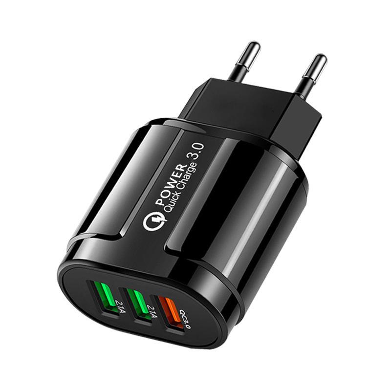 QC3.0 Fast Charge USB Charger: Compatible with Apple, Huawei, European & American Standards, 3-in-1.