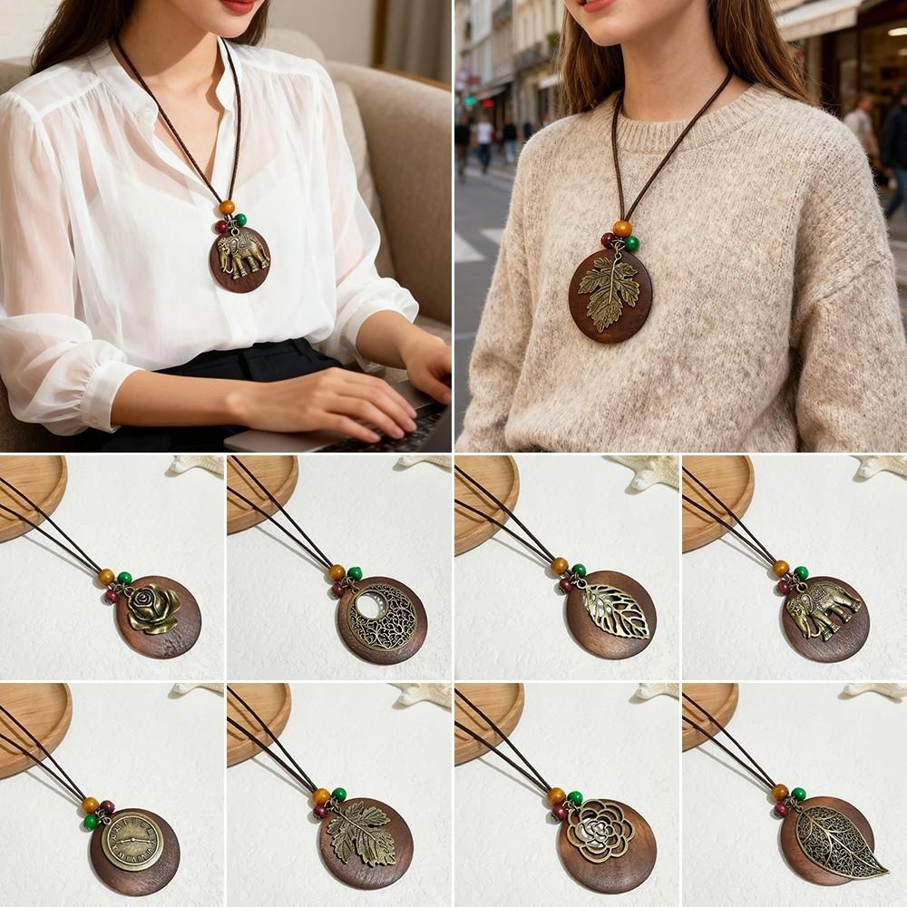 Boho Wooden Pendant Necklace Hollow Leaves Clothing Pendant Vintage Sweater Chain  Gifts