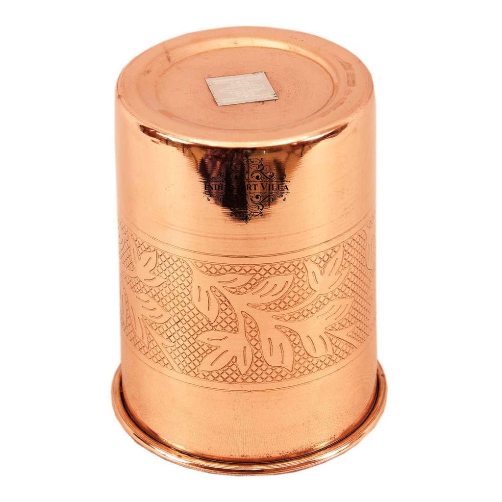 Copper Water Glasses with Embossed Design, Drinkware & Serveware, Ayurvedic Health Benefits, 300 ml Capacity, Set of 6