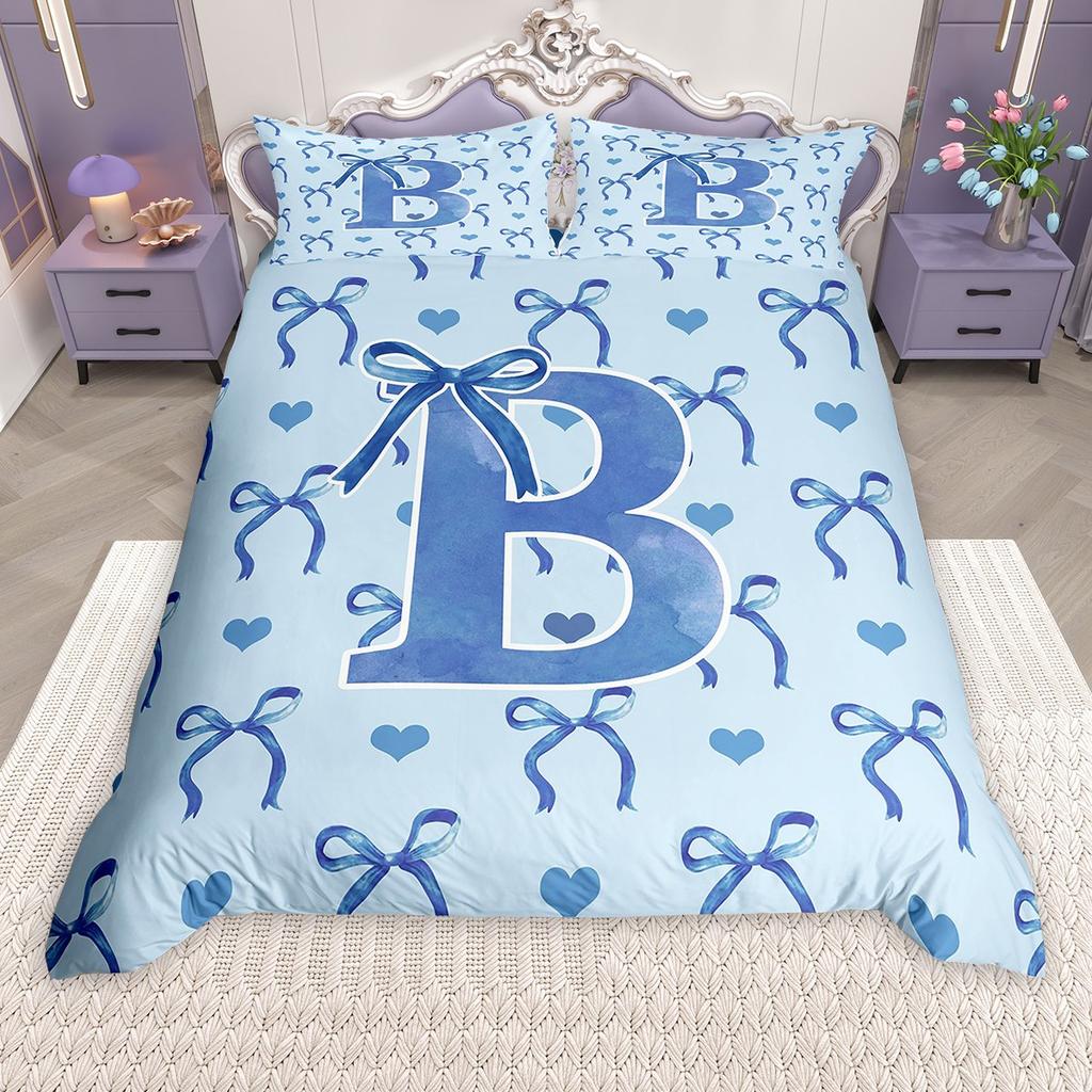 Homewish Girls Blue Bowknot Duvet Cover Set, Princess Style Bed Set, Monogrammed Bow Quilt Cover Set