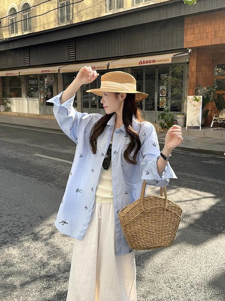Plus Size Women's Simple Bow Long Sleeve Spring Shirt