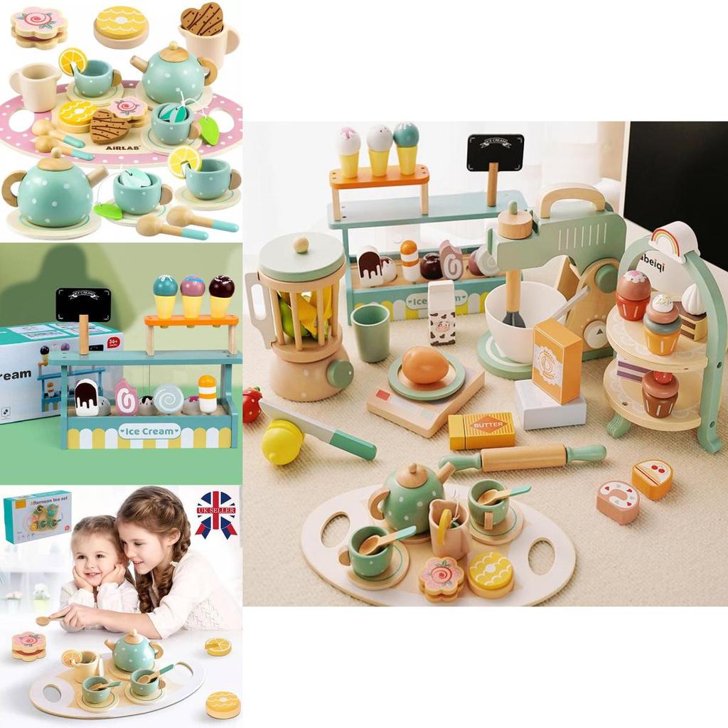 Colorful Wooden Ice Cream Shop Pretend Play Set For Kids With Realistic Tea Set Features