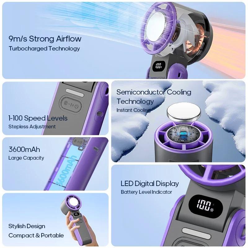 Outdoor Foldable Handheld Fan 1pcs Mini Cooling Rechargeable 3600mah Neck Digital Display Infinitely Adjustable Speed
