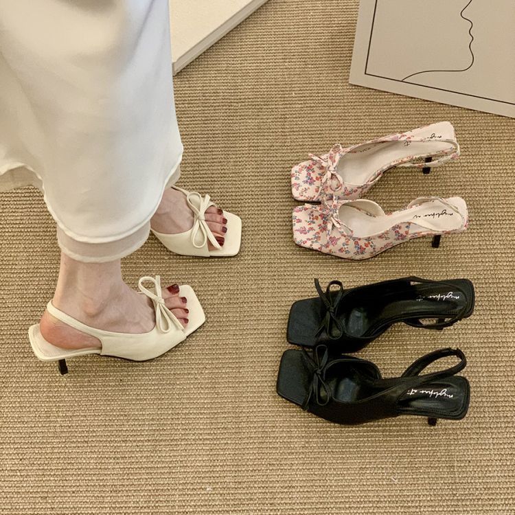 Temperament side empty open-toed sandals women's 2025 summer new French retro bow square head stiletto high heels women