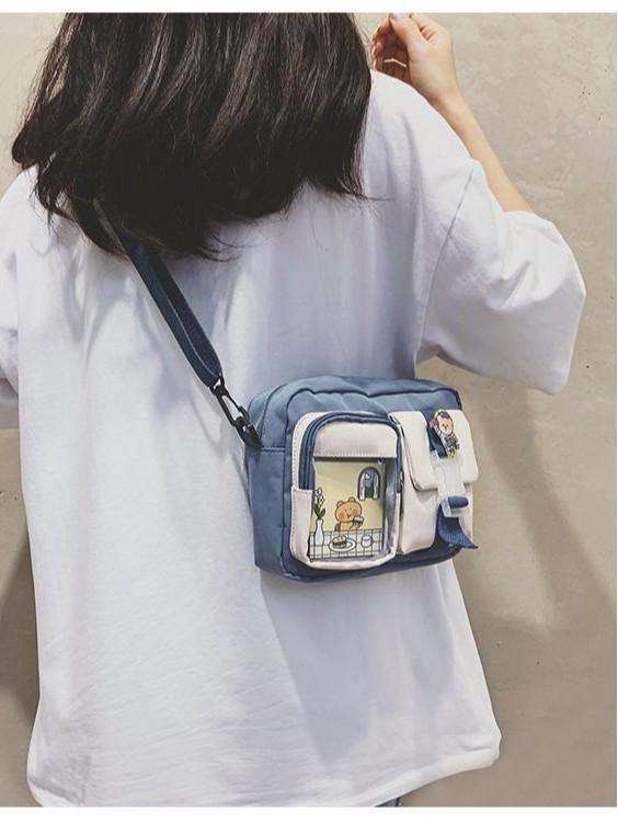 Mori Styl Korejská Plátěná Crossbody Taška Velké Kapacity – Roztomilá Studentská Čtvercová Taška přes Rameno pro Telefon a Fotoaparát