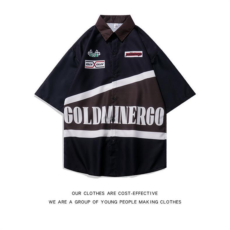 Men's American Retro Hiphop Street Racing Short-Sleeve Summer Shirt - Trendy, Motorcycle-Inspired, Loose, Thin Design