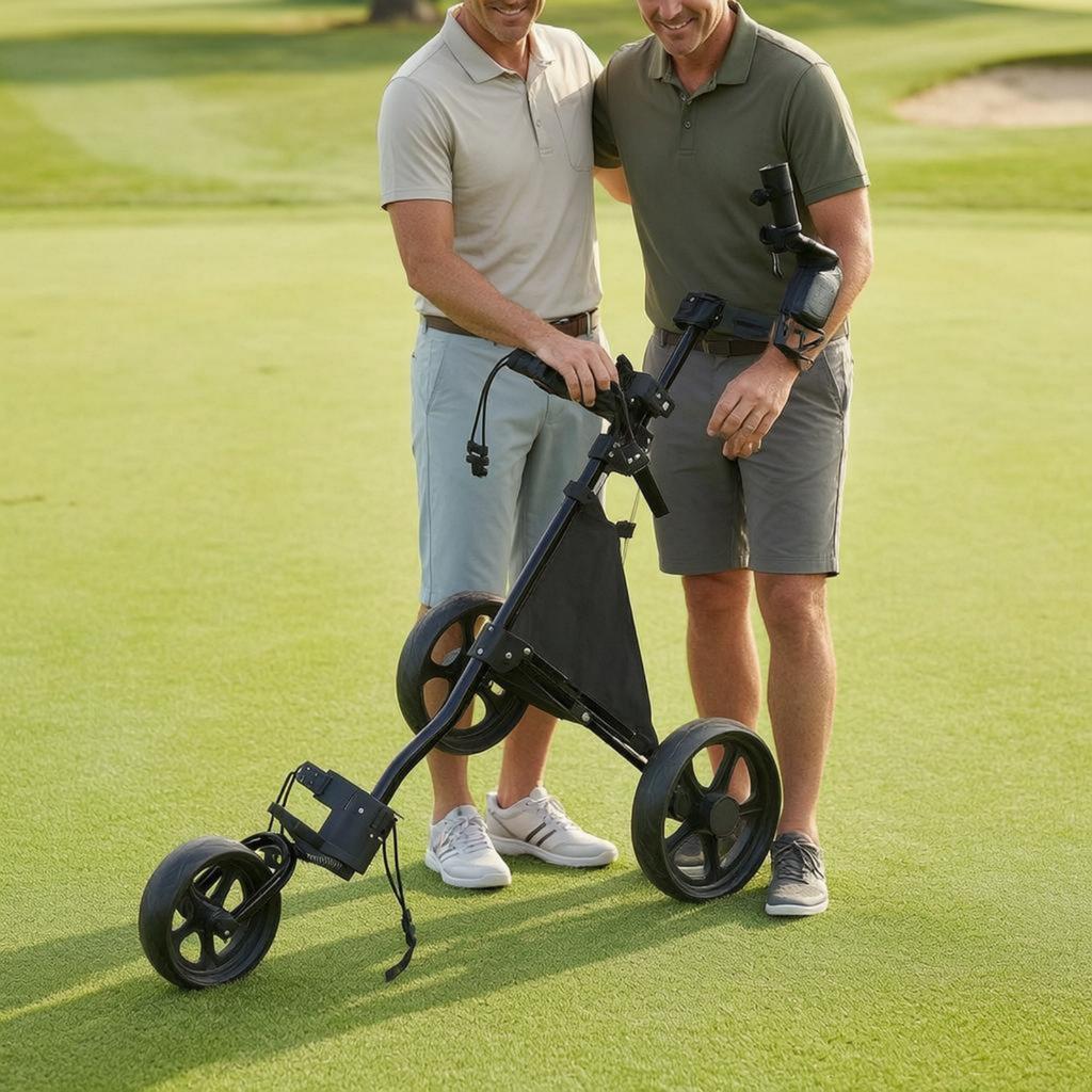 Three-Wheel Golf Push Trolley Water Bottle Holder 3-Wheel Golf Push Trolley Sports Gear Spoked Wheels Easy Fold