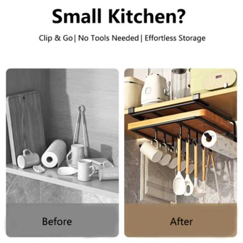 Kitchen Under Cabinet Hanging Organizer Rack with Hooks Multi-Purpose Holder for Paper Towel Cutting Board & Pot Lids
