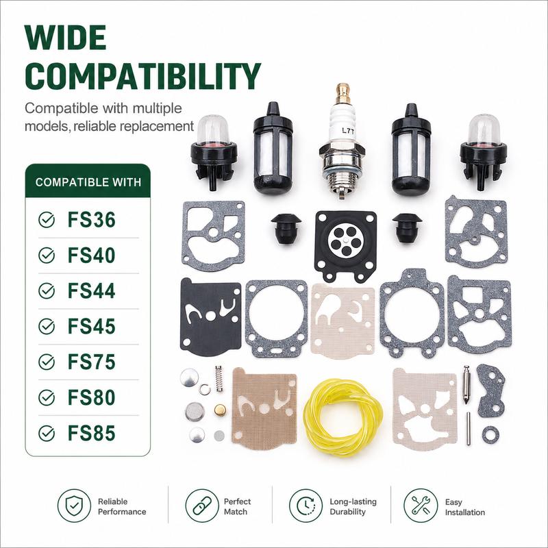Carburetor Repair Kit Primer Bulb Fuel Filter Black Plug Spark Plug Fuel Line For Stihl FS75 FS80 FS85, RB-85 Tune Up Kit