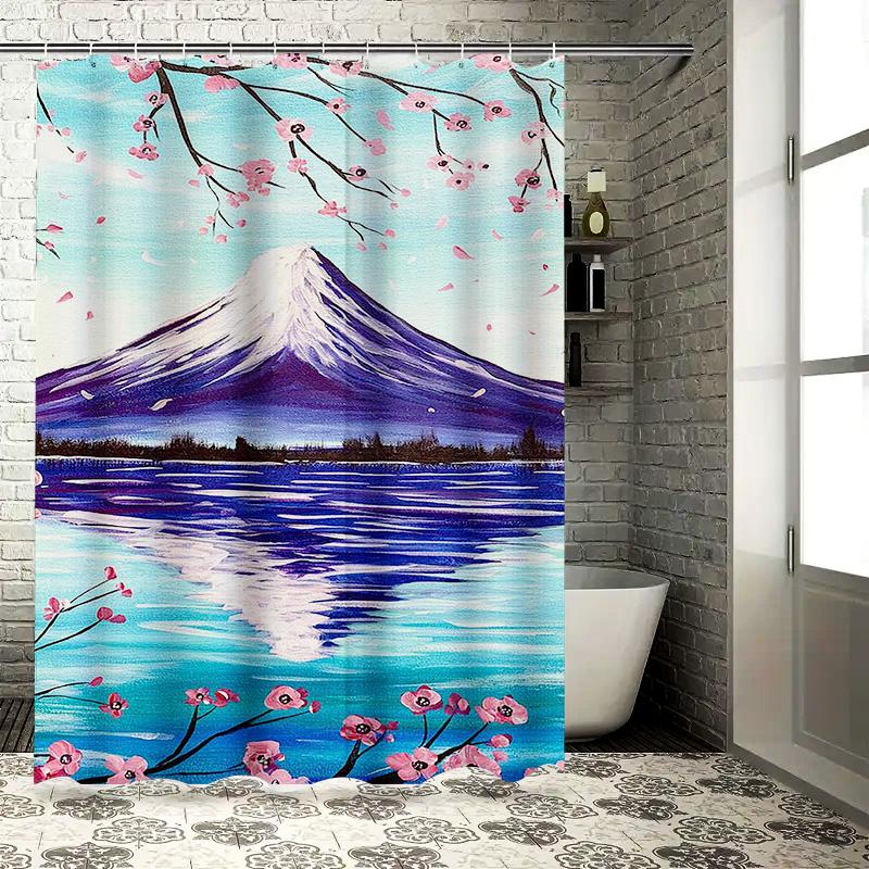 Mount Fuji with Cherry Blossoms Waterproof Shower Curtain Heat Resistant Machine Washable Non-Transparent 180x180cm