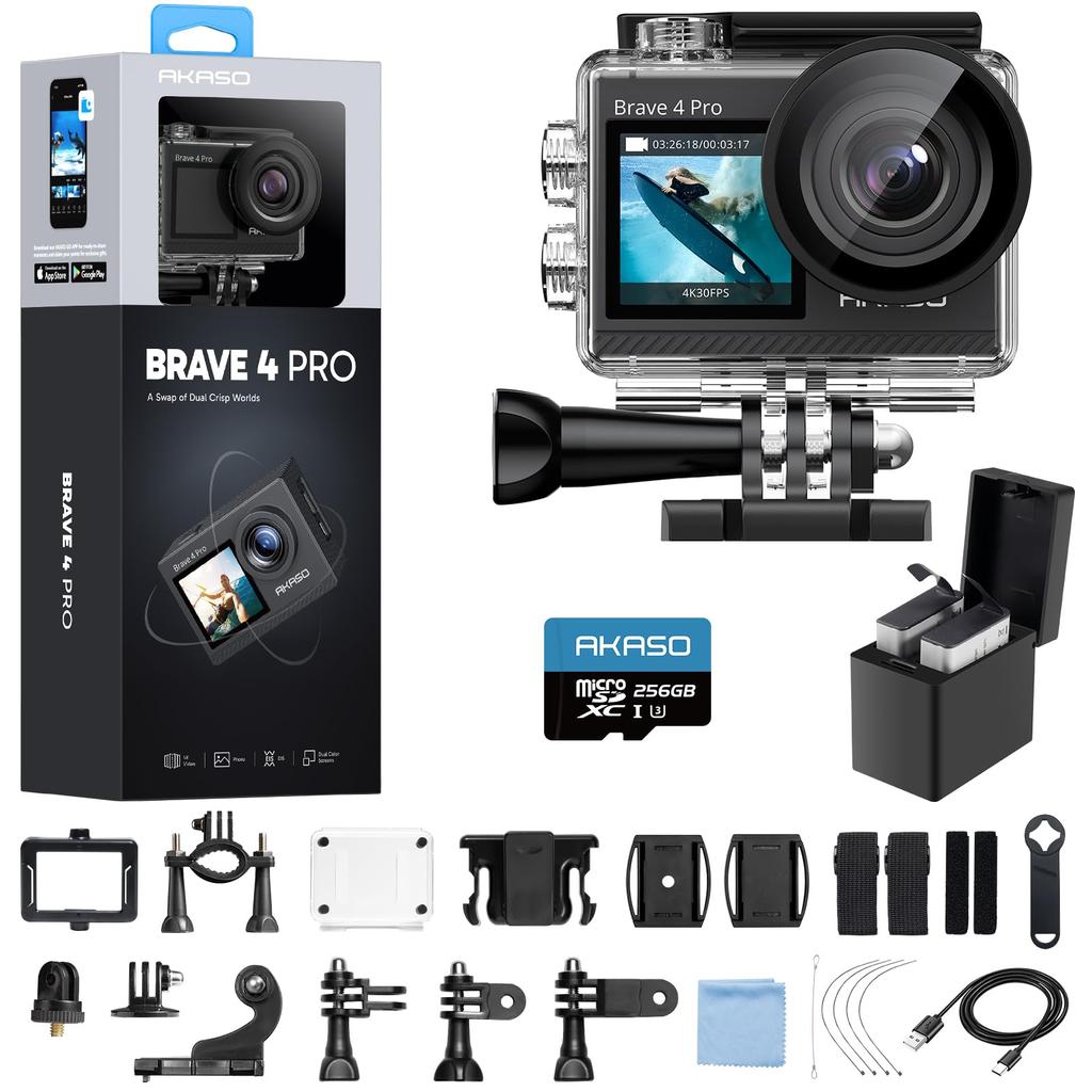 AKASO Action 4K 20MP Dual 256GB SD Card 40M Underwater EIS Image External Microphone HDMI 5x Wide Wearable Brave 4 Pro Camera, Resolution,