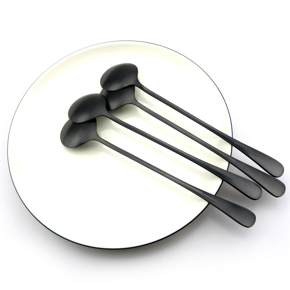 4/8pcs Cute Matte Black Teaspoons Coffee Soup Round Long Handle Scoops 18/0 Stainless Steel Dinner Set Ice Cream Cocktail TableSpoons