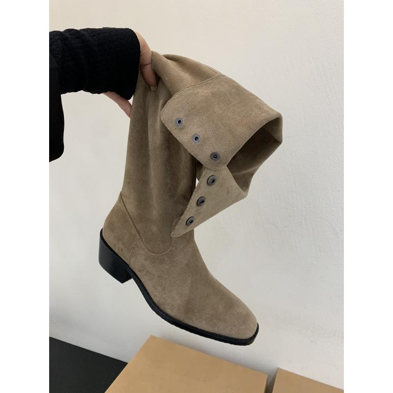 

Two wear thick heel pointed western cowboy boots women s autumn and winter niche design pleated pile boots retro knight boots 39 хаки