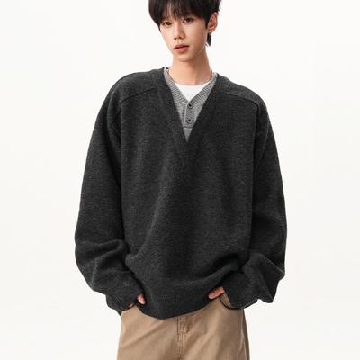 Men's Retro V-Neck Knit Sweater - Two-Piece Look, Lazy Style Pullover for Autumn/Winter, Loose Long Sleeve Polo.