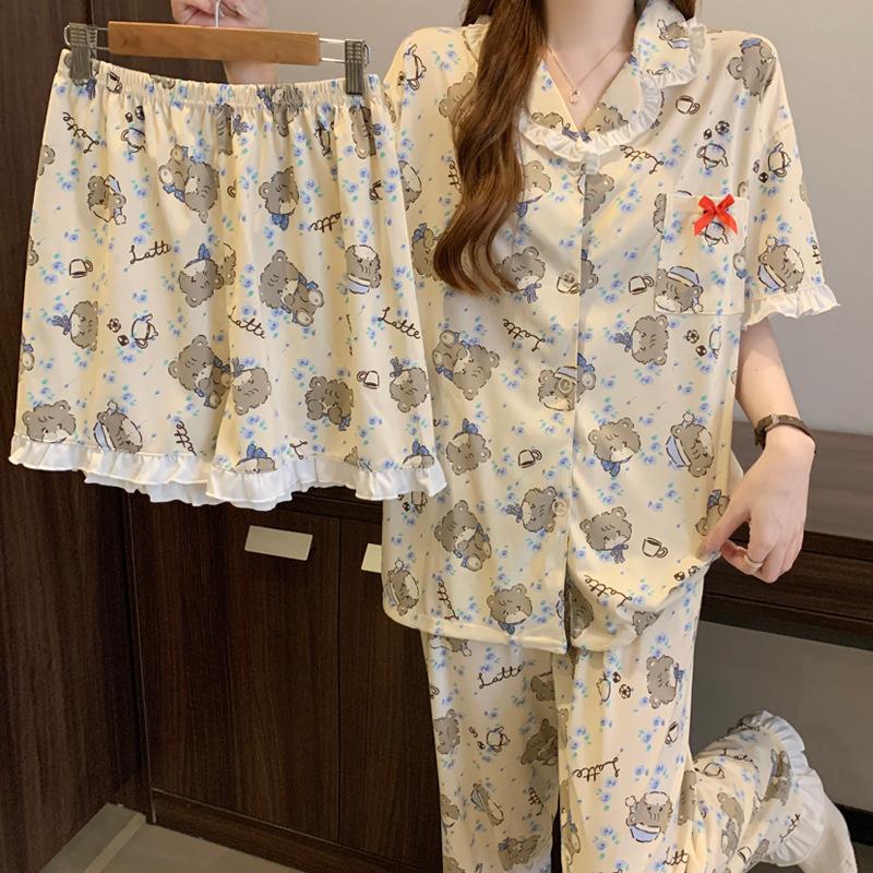 Cartoon soft cute bear short-sleeved women's pajamas summer thin imitation cotton edge three-piece loungewear