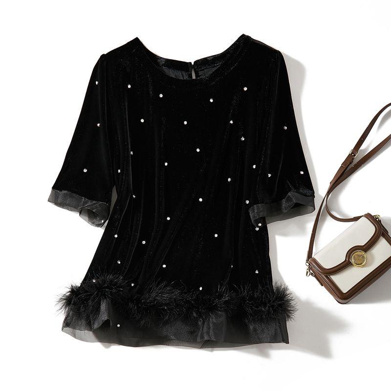 

French style Soft Girl Design Feather Bottoming Shirt! Women Beads Three-Quarter Sleeve Real Velvet Flash T-shirt Spring and Autumn Black L