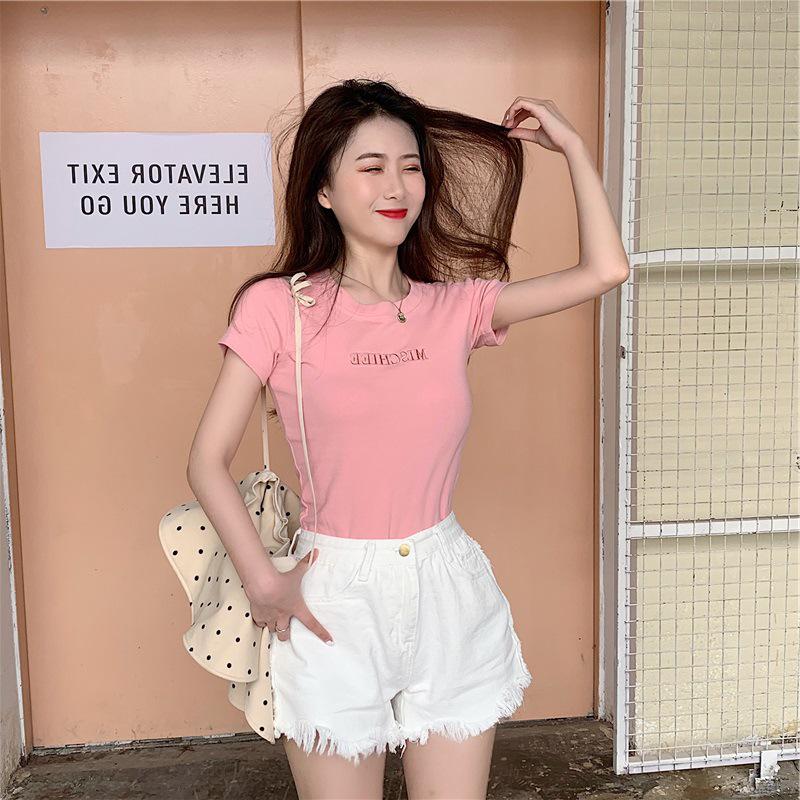 2025 Korean Letter Embroidery Slim Short-Sleeved T-Shirt - Women's Trendy Summer Top