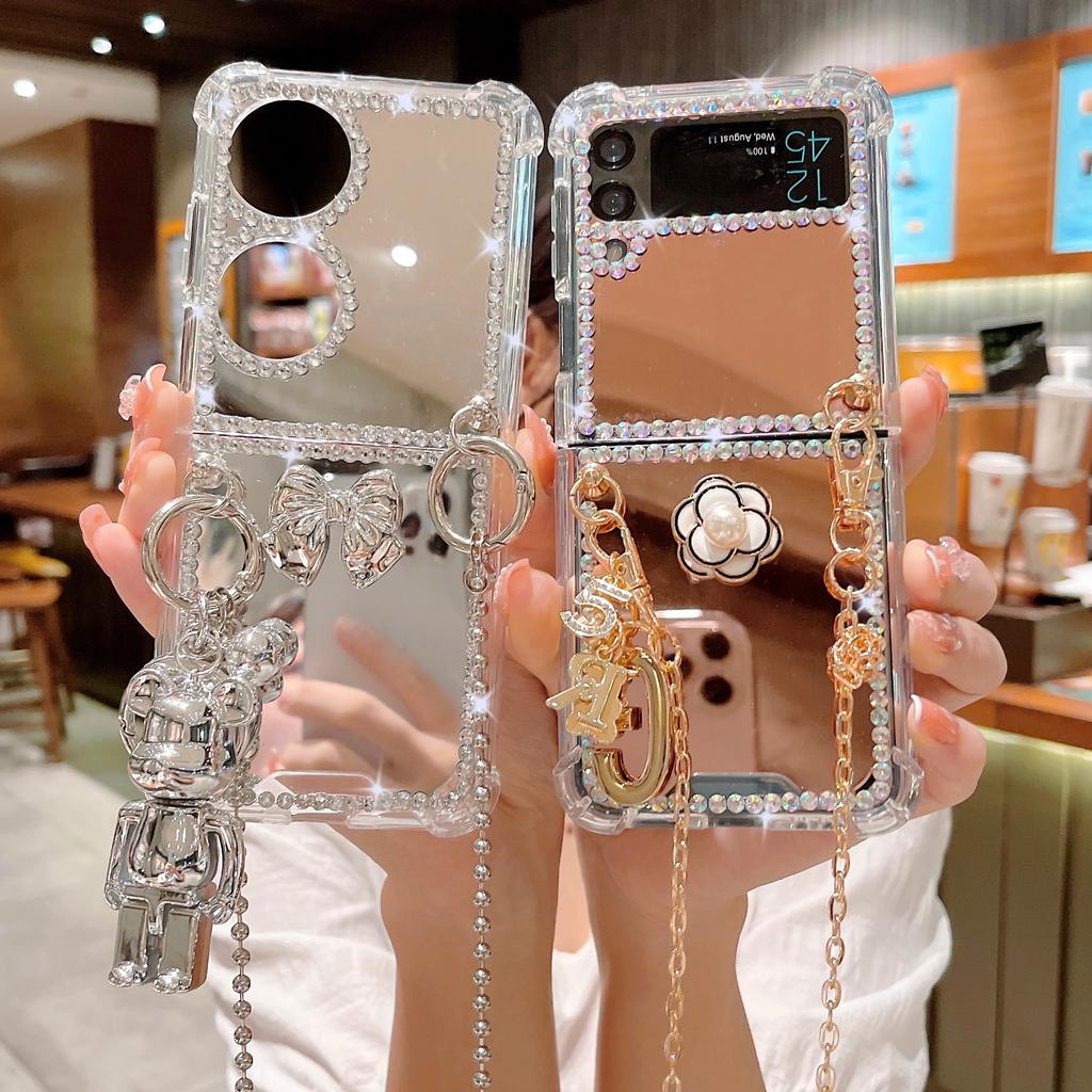 Applicable to Huawei P50pocketS camellia mirror zflip7 messenger chain flash diamond cartoon bear protective case
