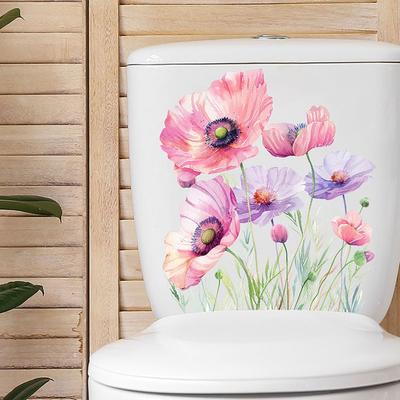 Elegant Pink Floral Toilet Stickers, Waterproof Removable Self-Adhesive Decals for Bathroom Wall Decor